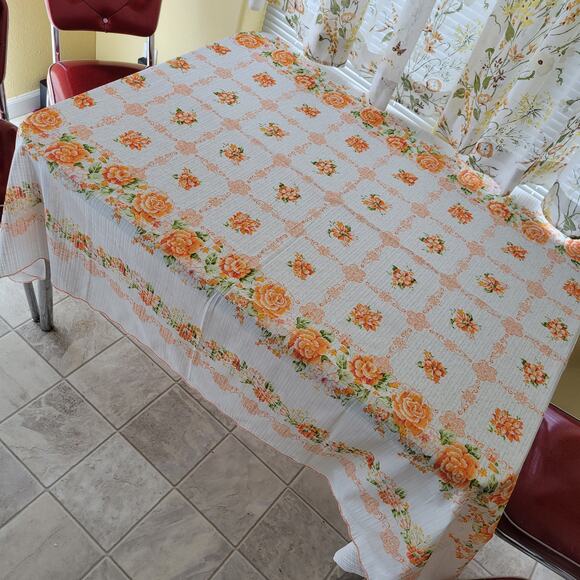 Vintage Red & Orange Floral Grid White Lace Tablecloth, 61x77 - Picture 2 of 5